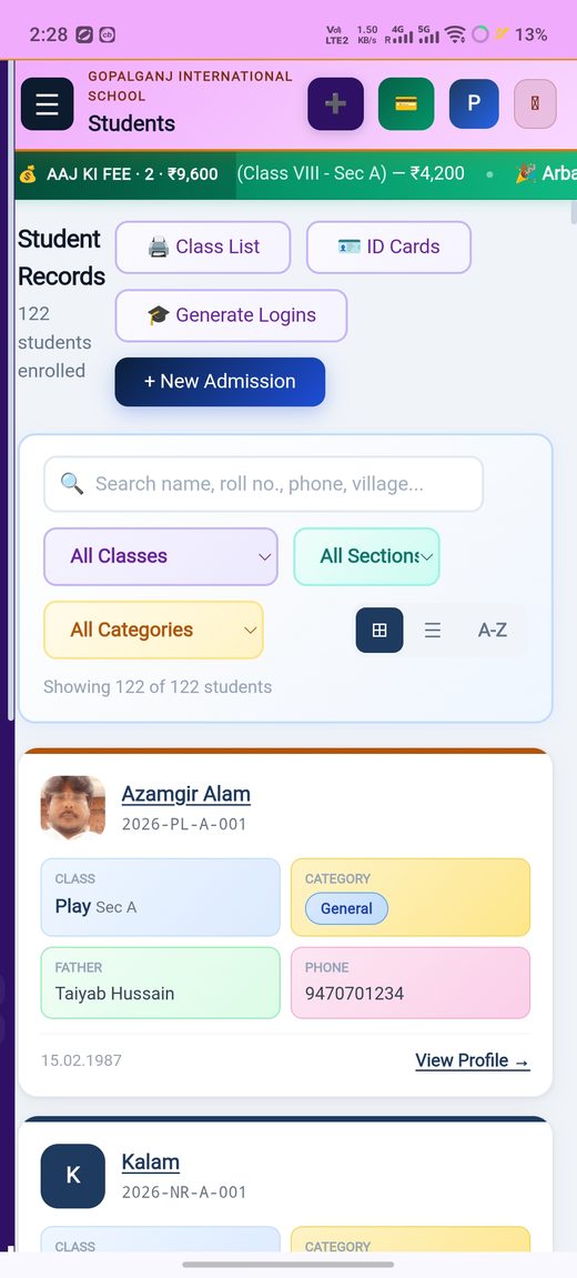 SchoolKhata Student Records, ID cards and logins